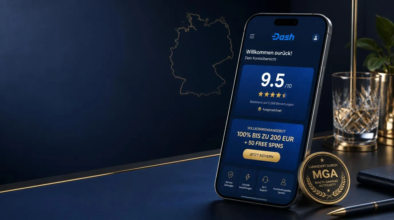 Casino-Bewertung mit 9,5 von 10 Punkten, MGA-Siegel und Willkommensangebot auf einem Smartphone