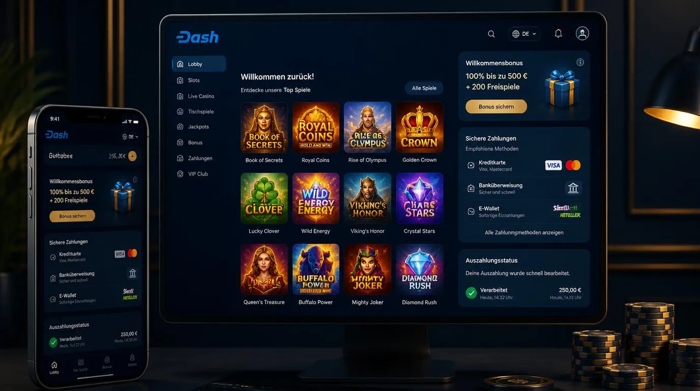 Casino-Oberfläche mit Spieleauswahl, Bonusbereich und schnellen Zahlungsoptionen für deutsche Nutzer