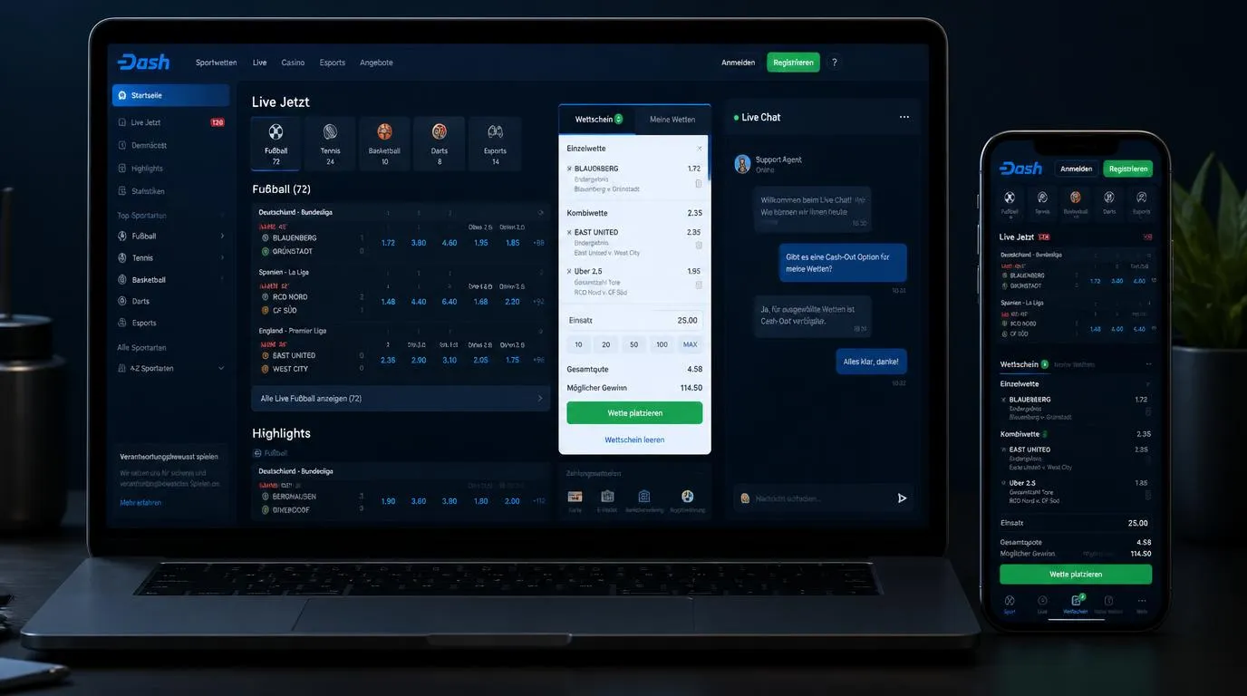 Sportwetten-Oberfläche mit Live-Quoten, Wettschein und Auswahl verschiedener Sportarten