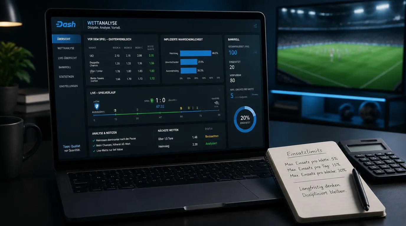 Sportwetten-Analyse mit Quotenvergleich, Einsatzplan und klar gesetztem Budget auf einem Laptop