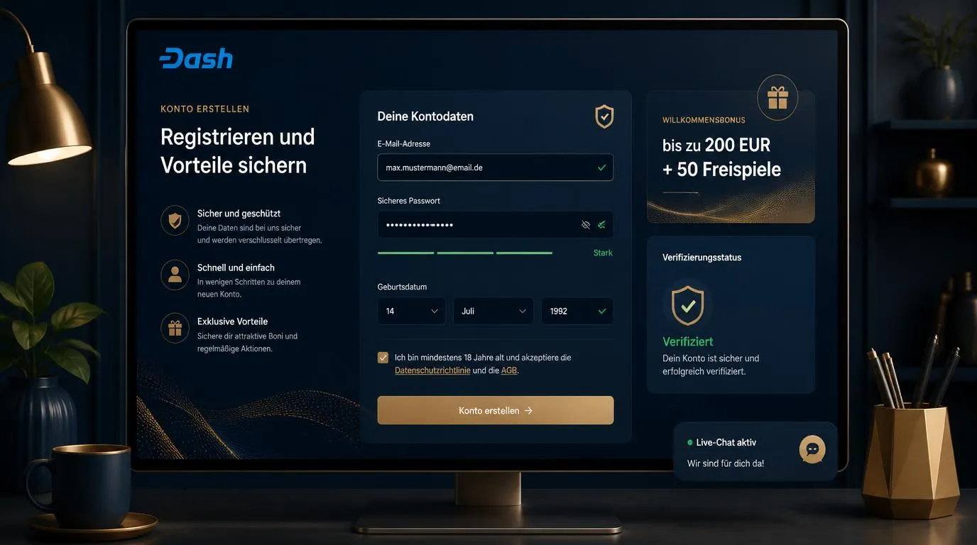 Registrierungsmaske eines Online-Casinos mit E-Mail-Feld, Passwort und Hinweis zur Kontoverifizierung