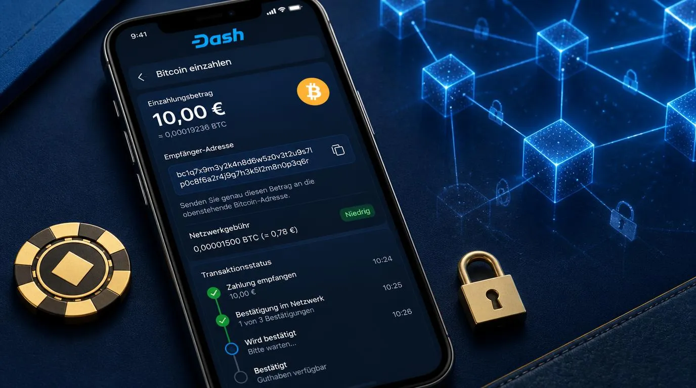 Bitcoin-Wallet mit Zahlungsbetrag und bestätigter Blockchain-Transaktion für eine Casino-Einzahlung