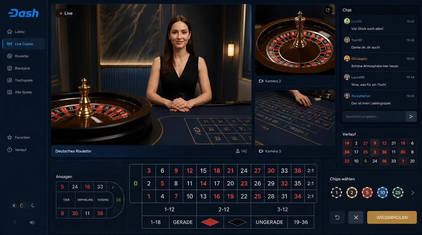 Live-Casino-Oberfläche mit Roulette-Tisch, Dealer, Chatfenster und mehreren Kameraansichten