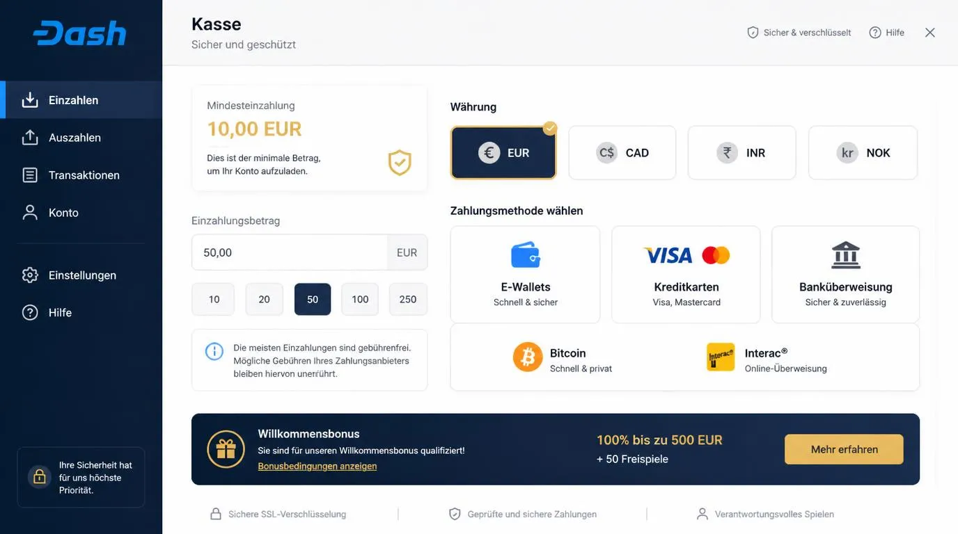 Kassenansicht mit Mindesteinzahlung von 10 EUR, Zahlungsarten und Auswahl der Kontowährung