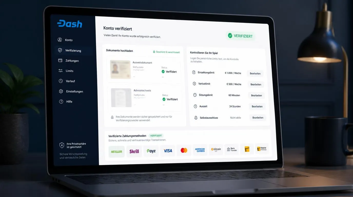 Geschützter Dokumenten-Upload mit KYC-Status, Kontolimits und bestätigten Zahlungsoptionen