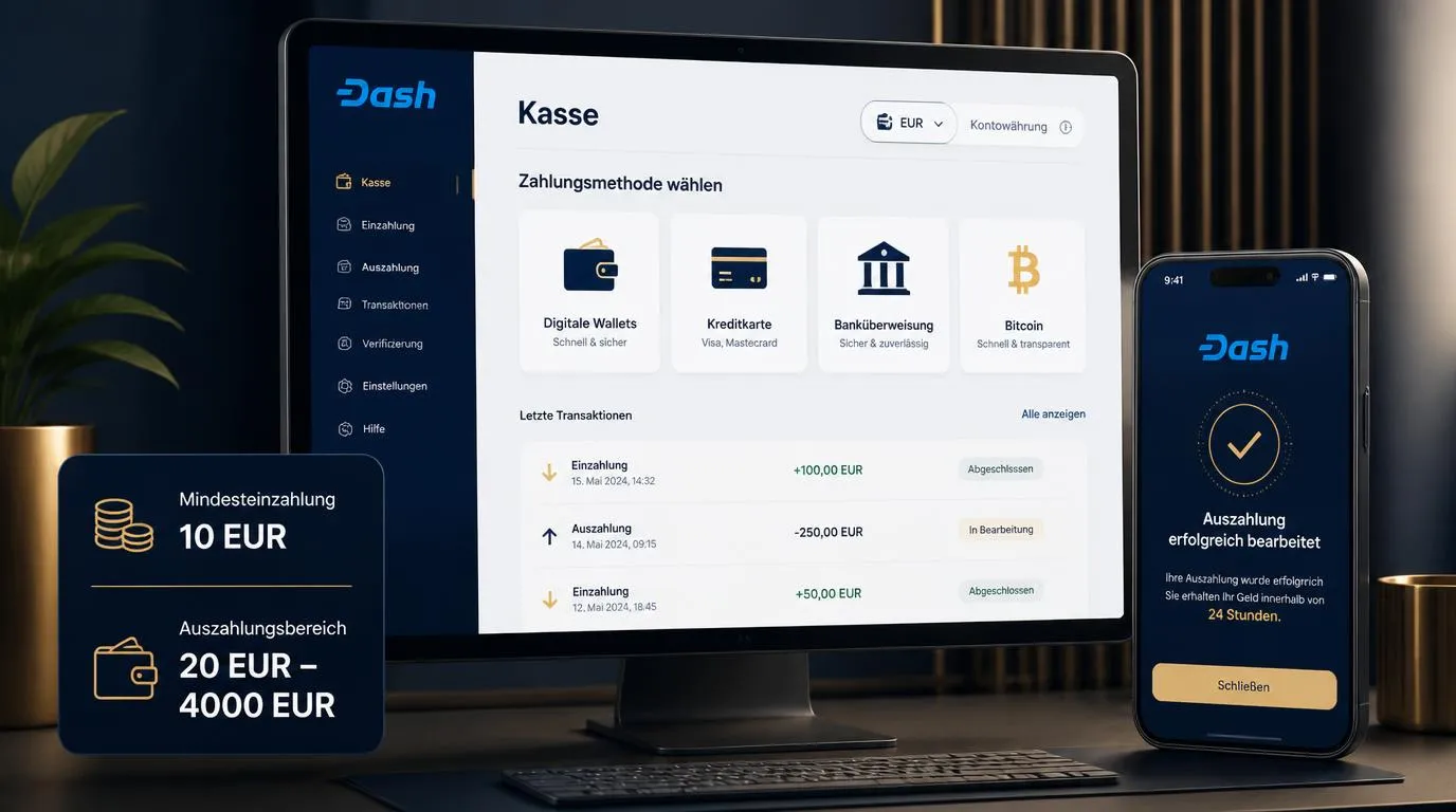 Casino-Kassenansicht mit Euro-Währung, digitalen Wallets, Kreditkarten und Banküberweisung