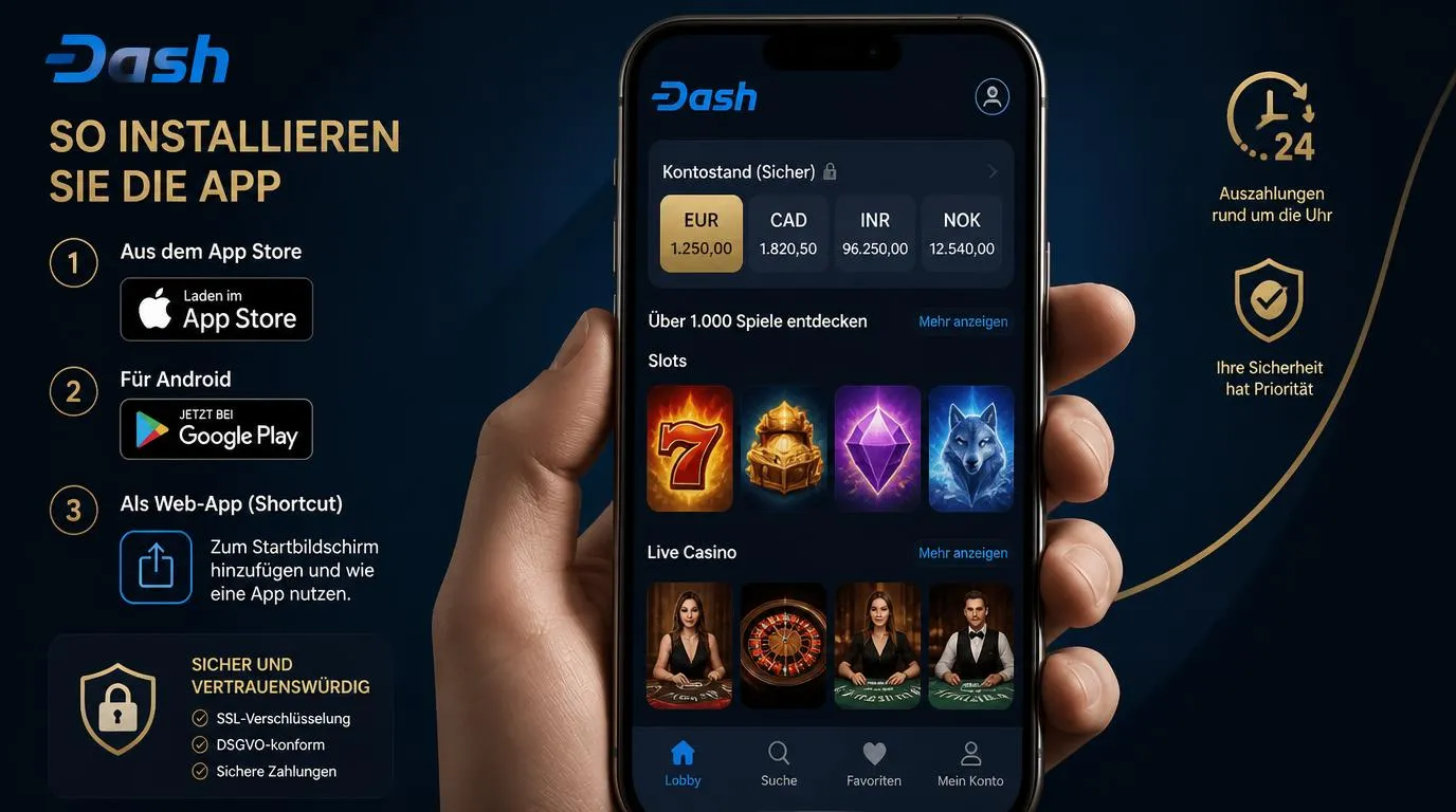 Smartphone mit Casino-App-Download, App-Store-Symbolen und sicherer Kontostandsanzeige in Euro