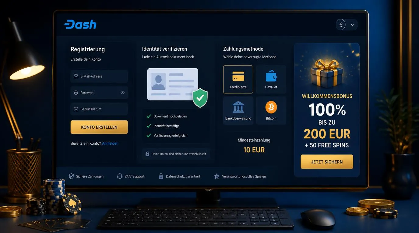 Online-Casino-Registrierung mit Ausweisprüfung, Zahlungsoptionen und erster Einzahlung in Euro